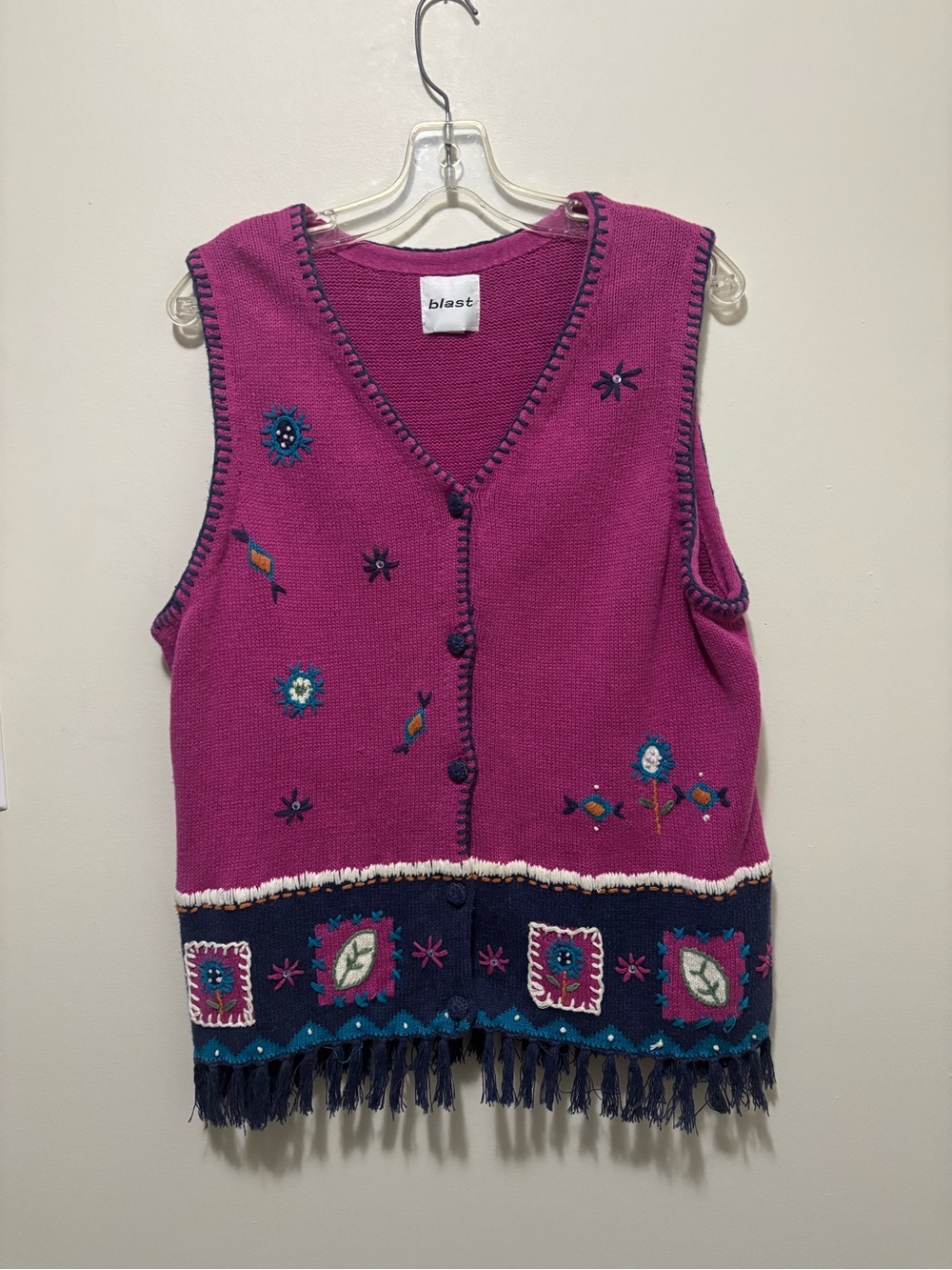 Blast Vintage 90s Magenta Embroidered Fringe Knit Vest Button Down XL
